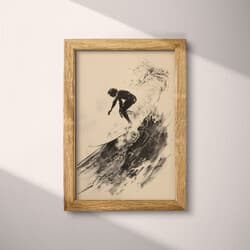 Surfer Digital Download | Sports Wall Decor | Coastal Decor | Beige, Black and Gray Print | Vintage Wall Art | Living Room Art | Summer Digital Download | Graphite Sketch