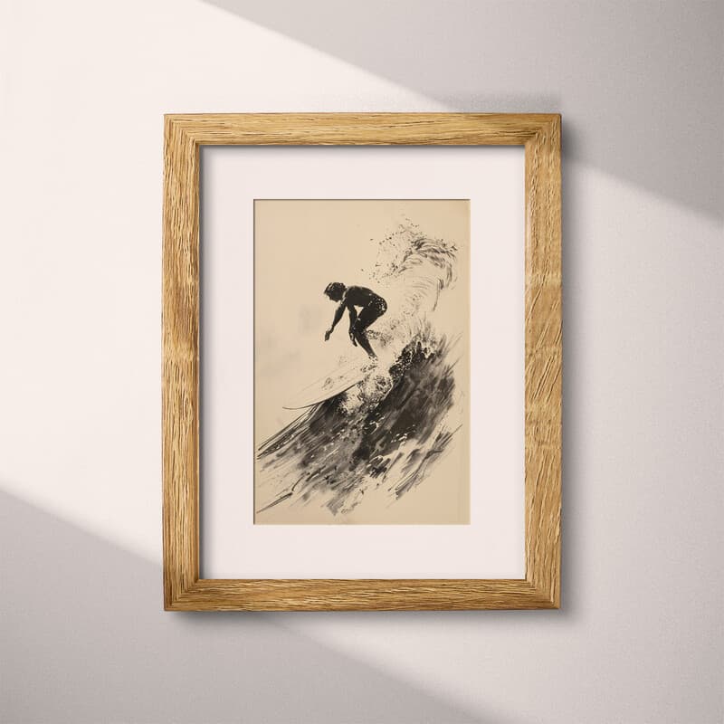 Matted frame view of A vintage graphite sketch, a person surfing