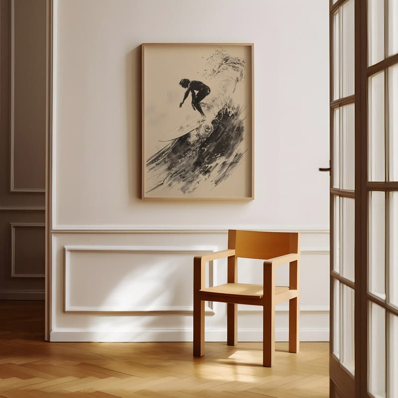 Room view with a full frame of A vintage graphite sketch, a person surfing