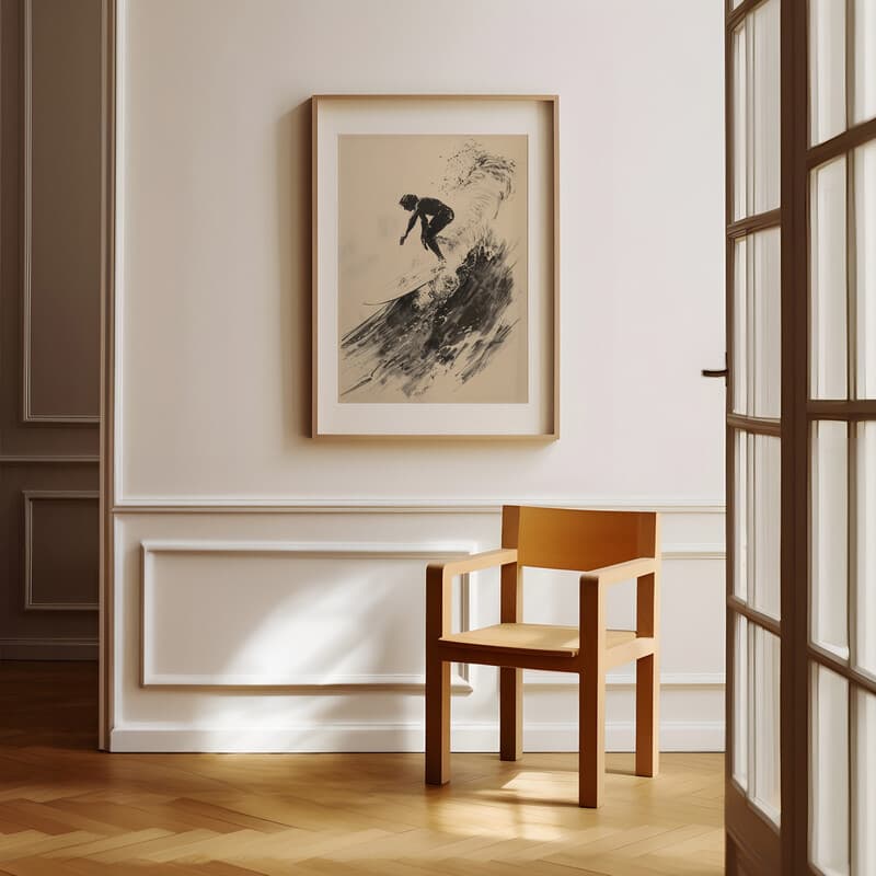 Room view with a matted frame of A vintage graphite sketch, a person surfing