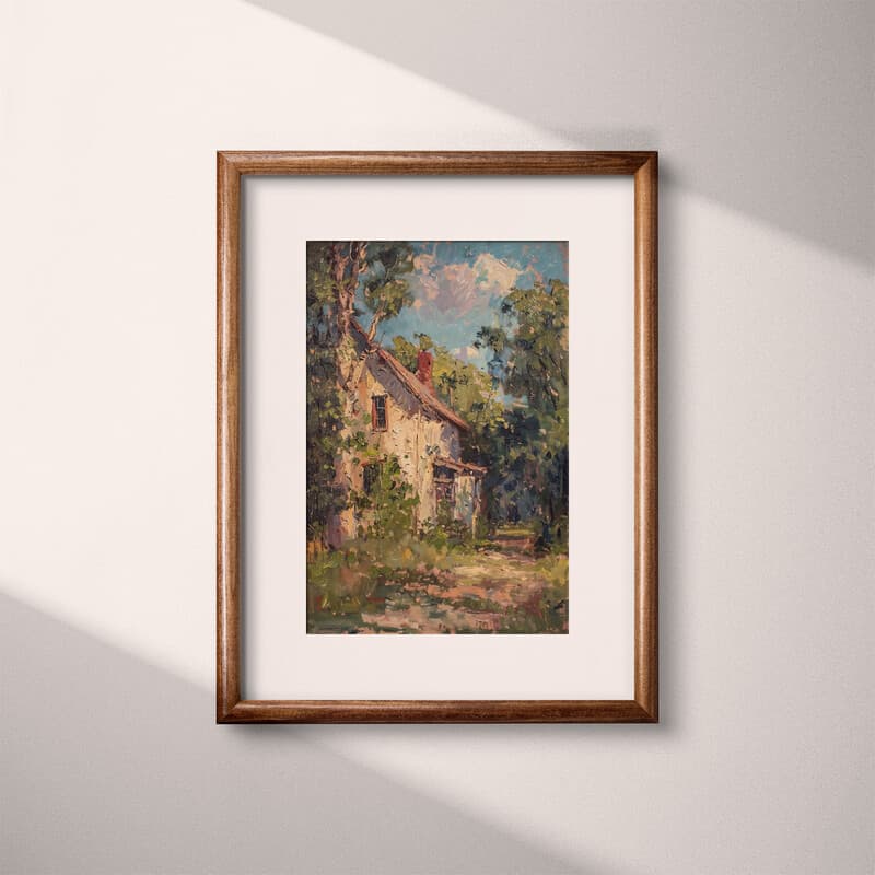 Matted frame view of An impressionist oil painting, outside of a farmhouse