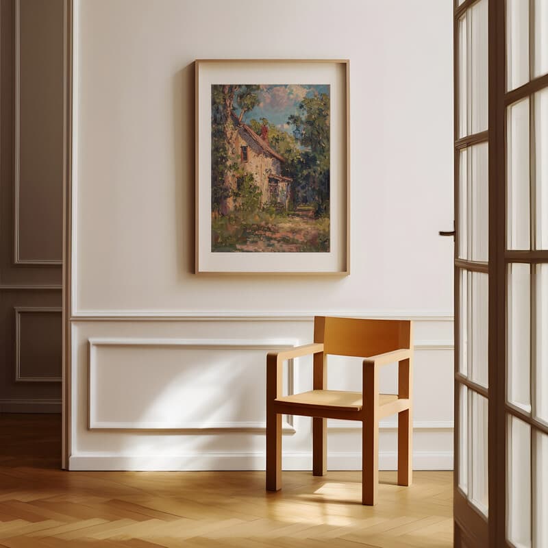 Room view with a matted frame of An impressionist oil painting, outside of a farmhouse