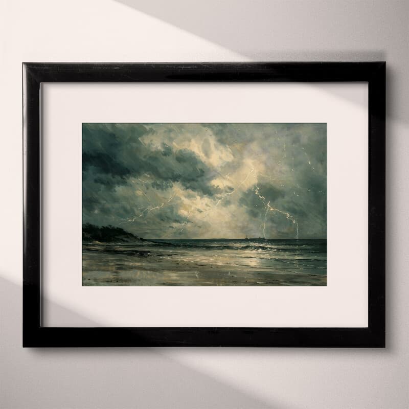 Matted frame view of An impressionist oil painting, lightning storm on a beach shore