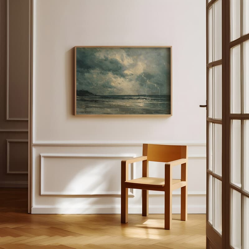 Room view with a full frame of An impressionist oil painting, lightning storm on a beach shore