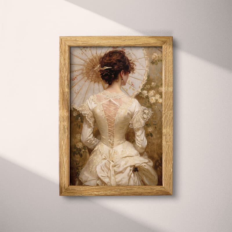 Full frame view of A vintage oil painting, a woman in a white dress with a parasol, back view