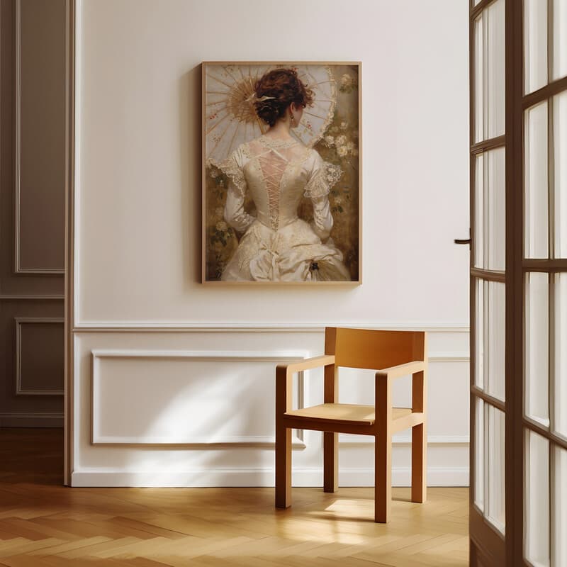 Room view with a full frame of A vintage oil painting, a woman in a white dress with a parasol, back view