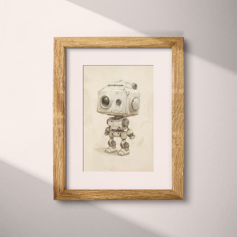 Matted frame view of A cute chibi anime pastel pencil illustration, a robot