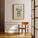 Room view with a full frame of A cute chibi anime pastel pencil illustration, a robot