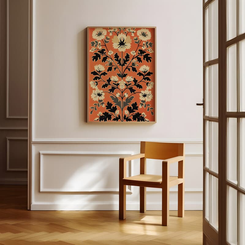 Room view with a full frame of A mid-century textile print, symmetric floral pattern