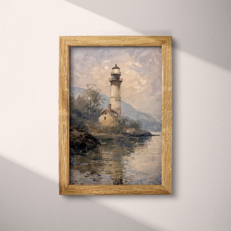 Full frame view of An impressionist oil painting, a lighthouse on an island, distant view