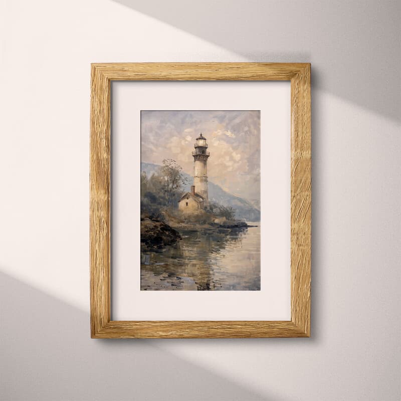 Matted frame view of An impressionist oil painting, a lighthouse on an island, distant view