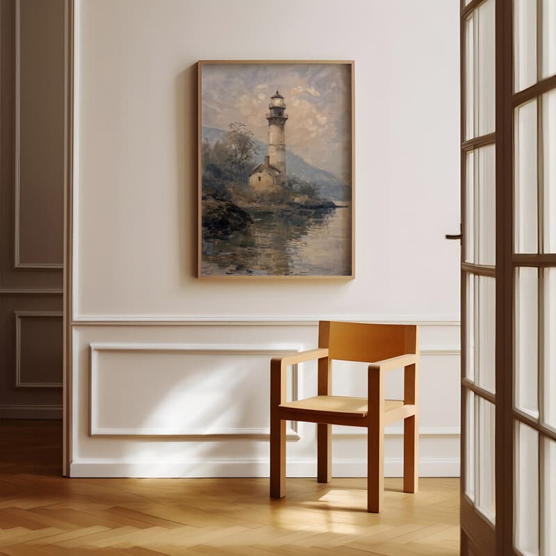 Room view with a full frame of An impressionist oil painting, a lighthouse on an island, distant view