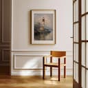 Room view with a matted frame of An impressionist oil painting, a lighthouse on an island, distant view