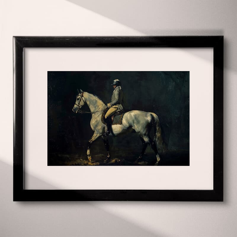 Matted frame view of A baroque oil painting, an equestrian on a horse, side view