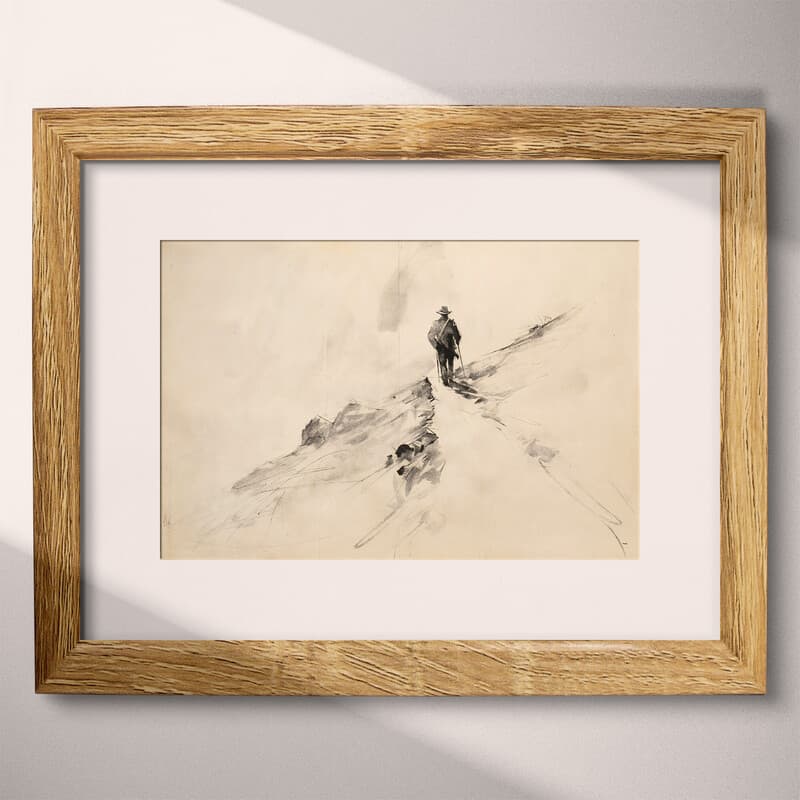 Matted frame view of A vintage graphite sketch, a person hiking