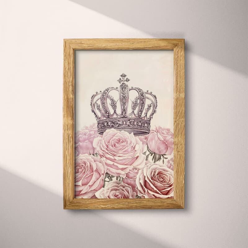 Full frame view of A vintage pastel pencil illustration, a crown on a bed of pink roses