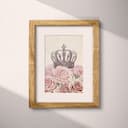 Matted frame view of A vintage pastel pencil illustration, a crown on a bed of pink roses