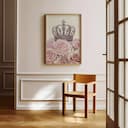 Room view with a full frame of A vintage pastel pencil illustration, a crown on a bed of pink roses