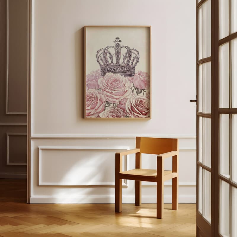 Room view with a full frame of A vintage pastel pencil illustration, a crown on a bed of pink roses