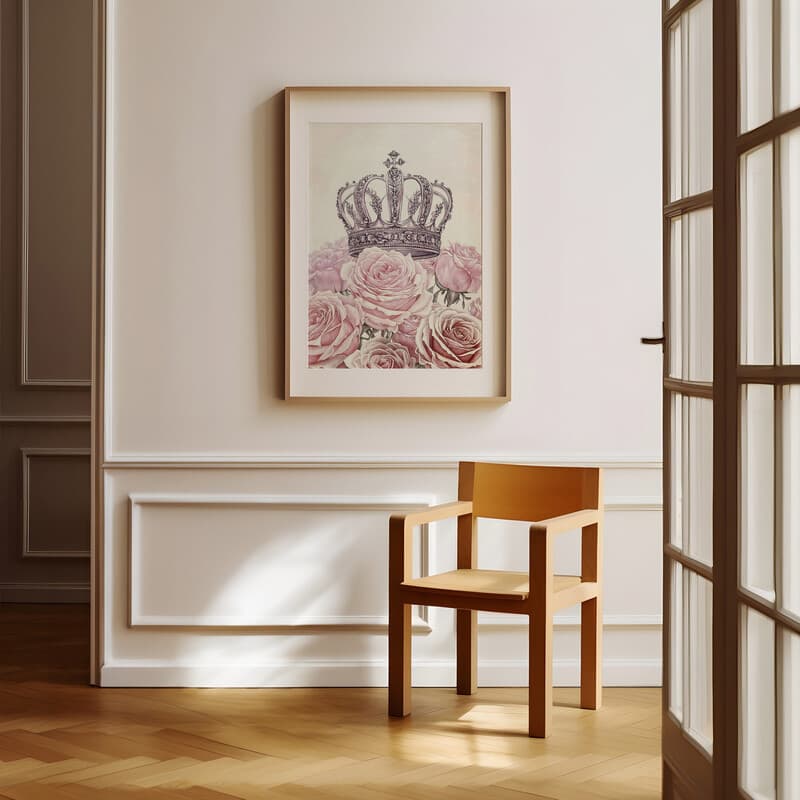 Room view with a matted frame of A vintage pastel pencil illustration, a crown on a bed of pink roses