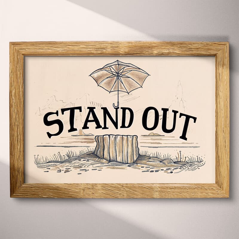 Full frame view of A vintage pastel pencil illustration, the words "STAND OUT" with an umbrella