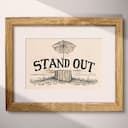 Matted frame view of A vintage pastel pencil illustration, the words "STAND OUT" with an umbrella