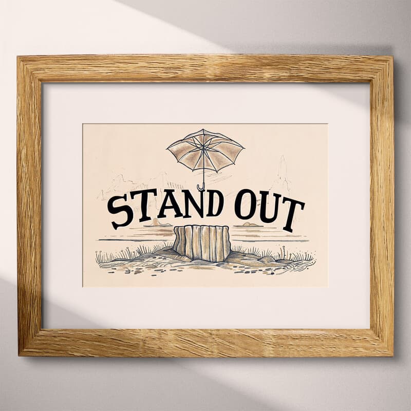 Matted frame view of A vintage pastel pencil illustration, the words "STAND OUT" with an umbrella