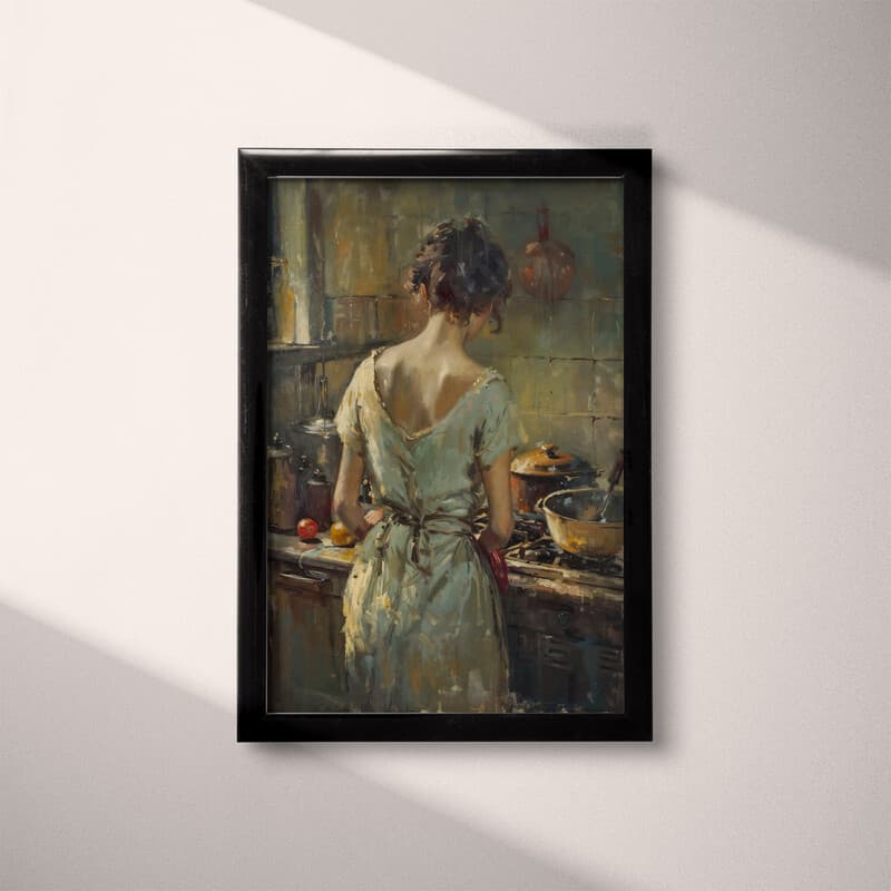 Full frame view of A vintage oil painting, a woman cooking, back view