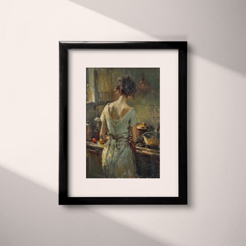 Matted frame view of A vintage oil painting, a woman cooking, back view