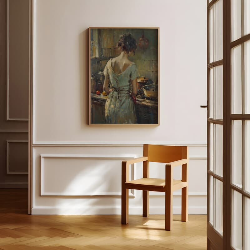 Room view with a full frame of A vintage oil painting, a woman cooking, back view