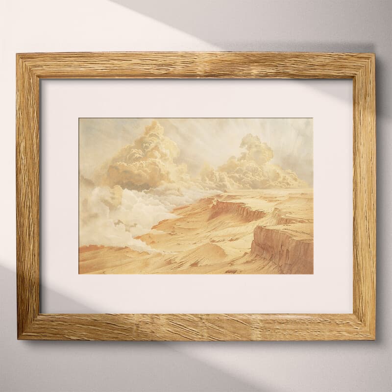 Matted frame view of An art deco pastel pencil illustration, a desert plateau under the clouds