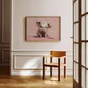 Room view with a full frame of A cute chibi anime pastel pencil illustration, a pig with glasses