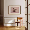 Room view with a matted frame of A cute chibi anime pastel pencil illustration, a pig with glasses