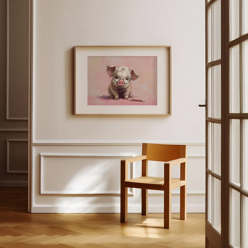 Room view with a matted frame of A cute chibi anime pastel pencil illustration, a pig with glasses