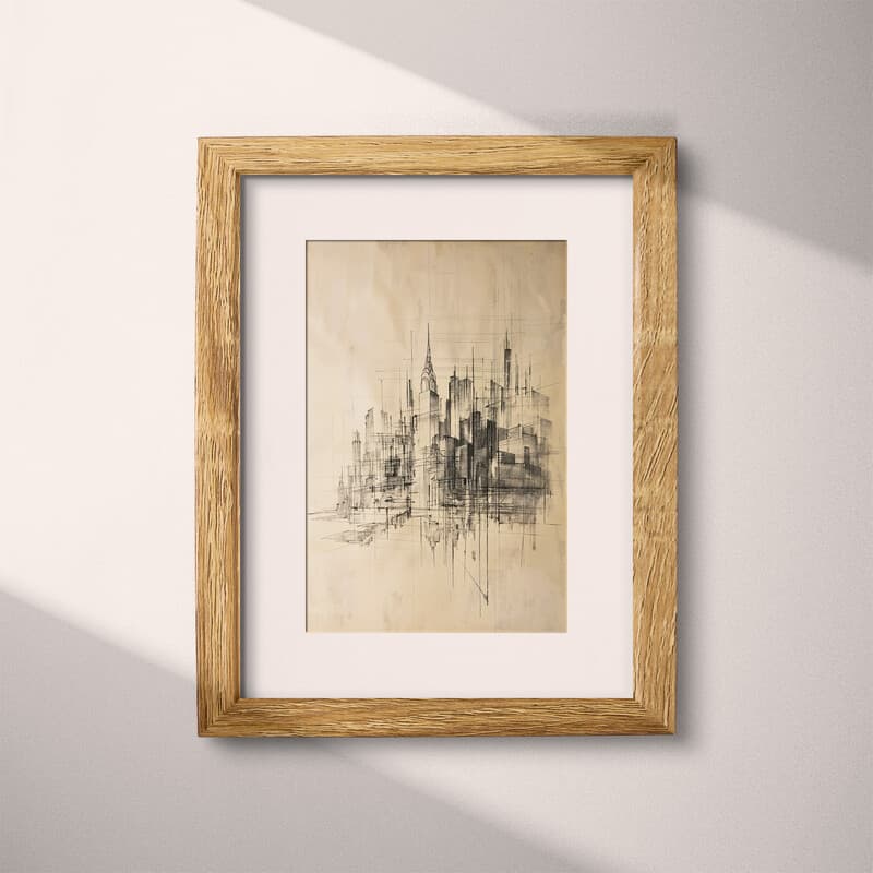 Matted frame view of A minimalist graphite sketch, a cityscape