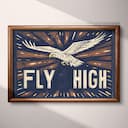 Full frame view of A vintage linocut print, the words "FLY HIGH" with an eagle