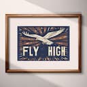 Matted frame view of A vintage linocut print, the words "FLY HIGH" with an eagle