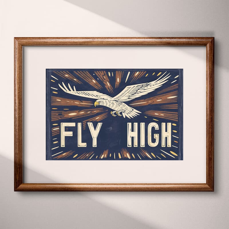 Matted frame view of A vintage linocut print, the words "FLY HIGH" with an eagle