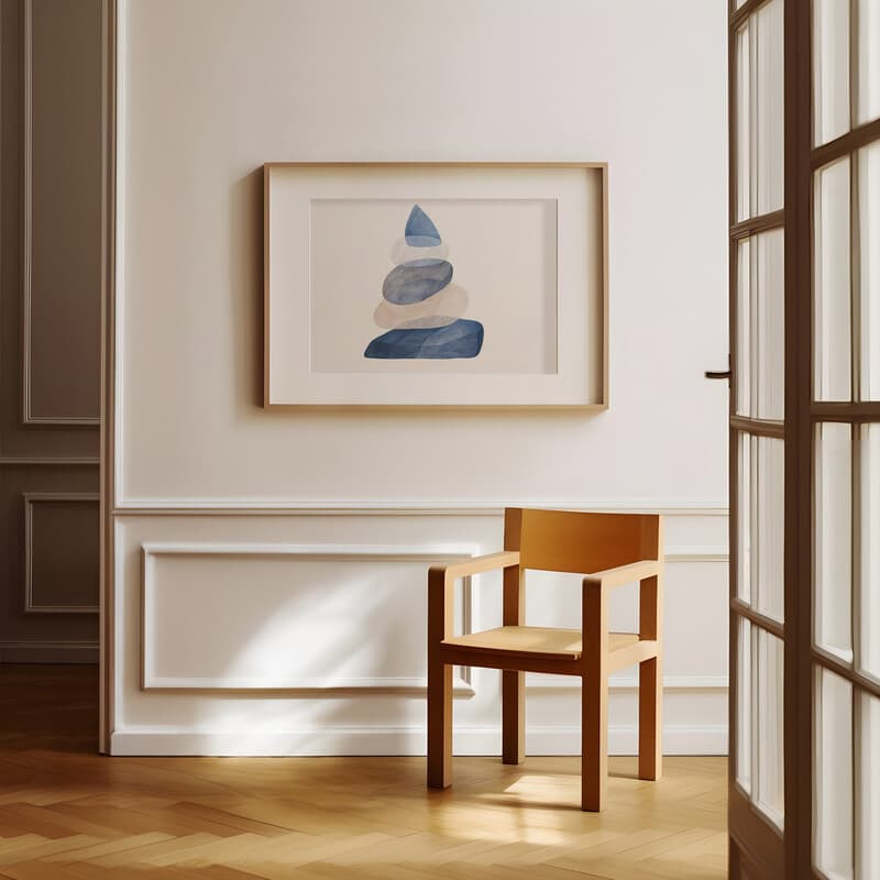 Room view with a matted frame of An abstract minimalist pastel pencil illustration, a stack of rocks