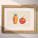 Matted frame view of A cute chibi anime pastel pencil illustration, a carrot and tomato