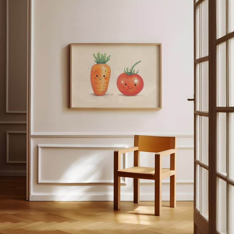 Room view with a full frame of A cute chibi anime pastel pencil illustration, a carrot and tomato