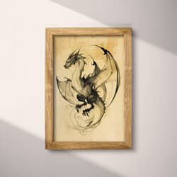 Dragon Art | Fantasy Wall Art | Beige, Black and Brown Print | Vintage Decor | Game Room Wall Decor | Halloween Digital Download | Autumn Art | Graphite Sketch