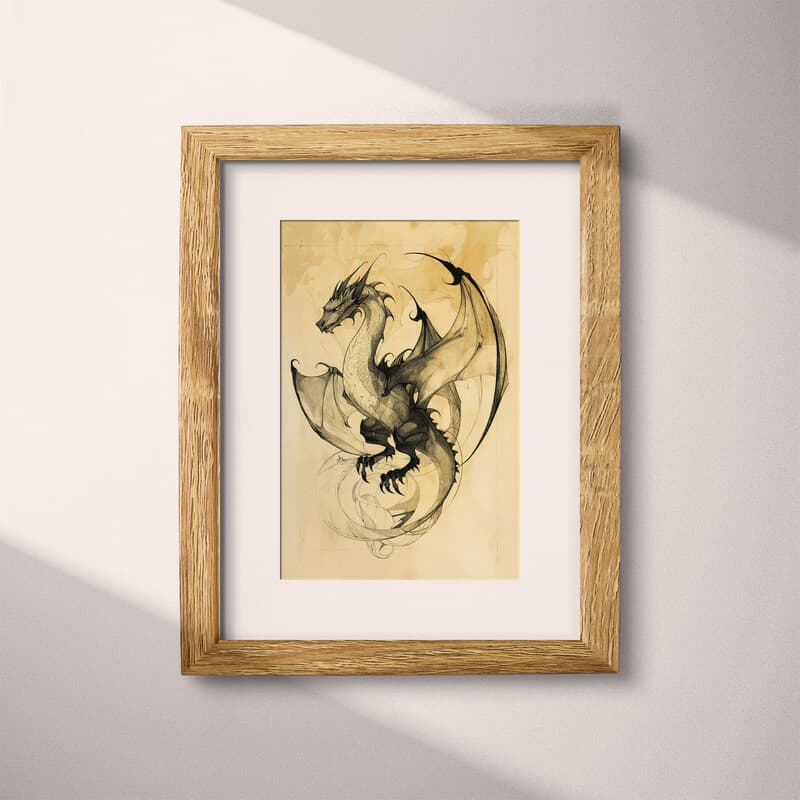 Matted frame view of A vintage graphite sketch, a dragon