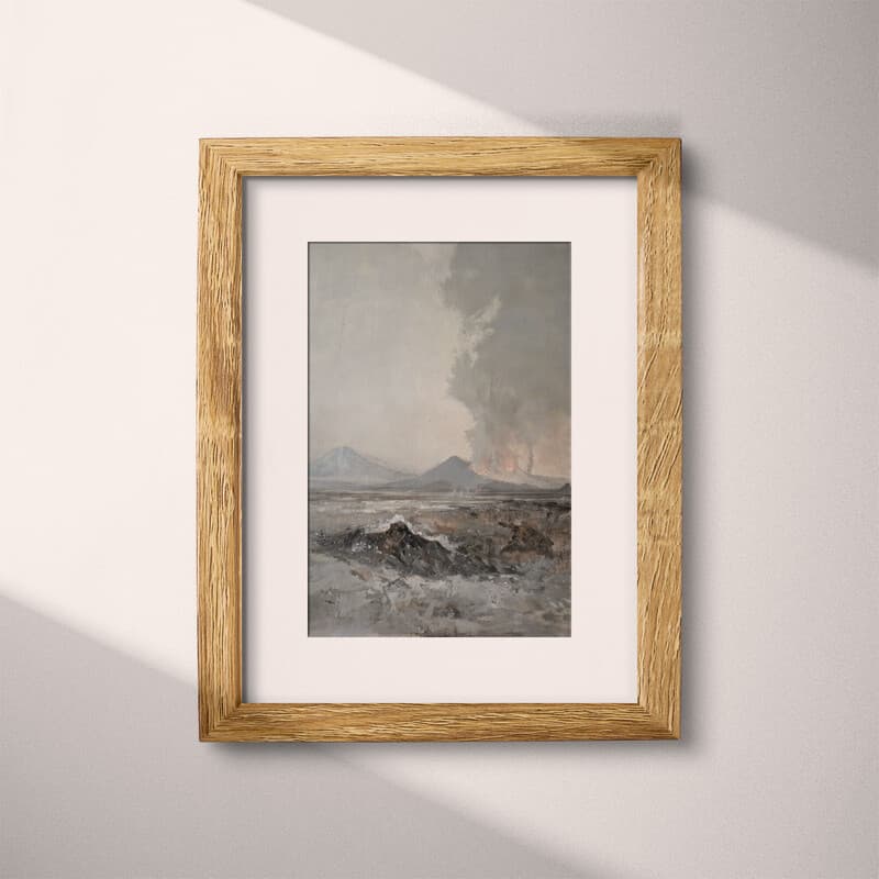 Matted frame view of An impressionist oil painting, a volcano, gray sky