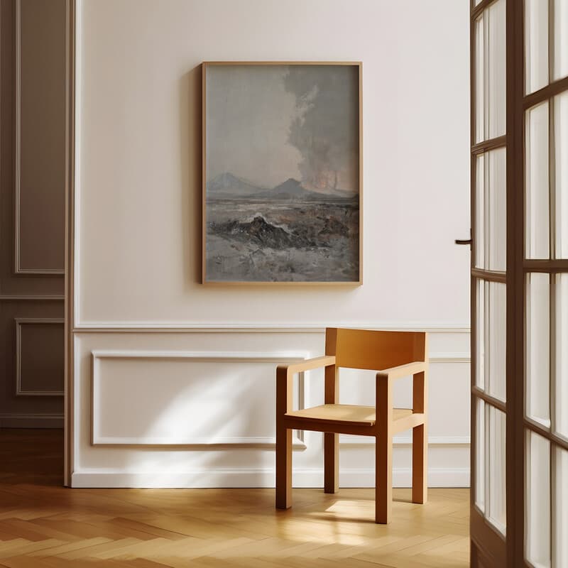 Room view with a full frame of An impressionist oil painting, a volcano, gray sky
