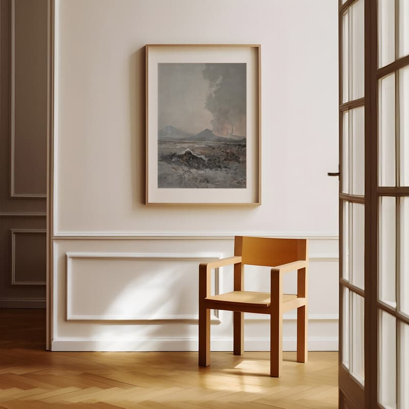 Room view with a matted frame of An impressionist oil painting, a volcano, gray sky