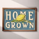 Full frame view of A vintage linocut print, the words "HOME GROWN" with a lemon