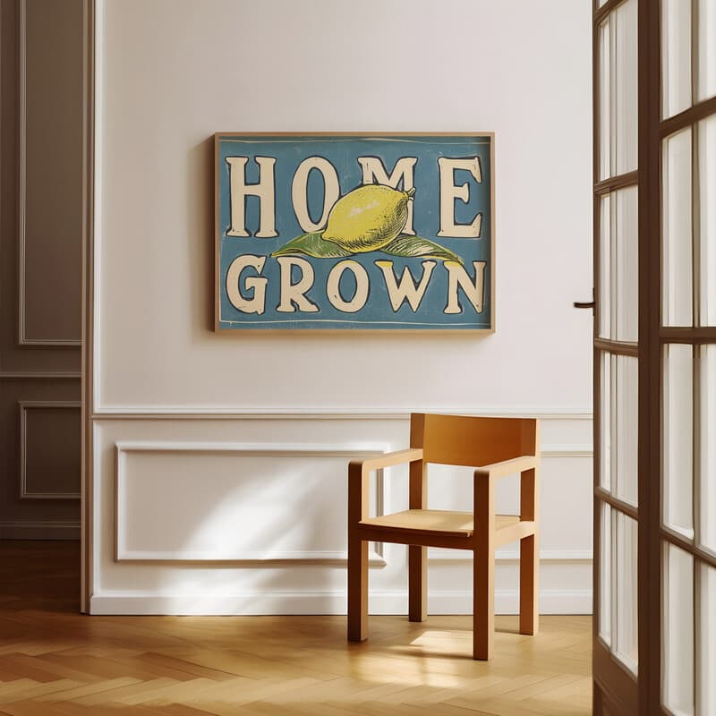 Room view with a full frame of A vintage linocut print, the words "HOME GROWN" with a lemon