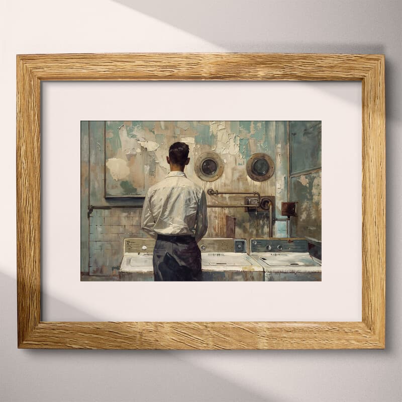 Matted frame view of A vintage oil painting, a man in a laundry room