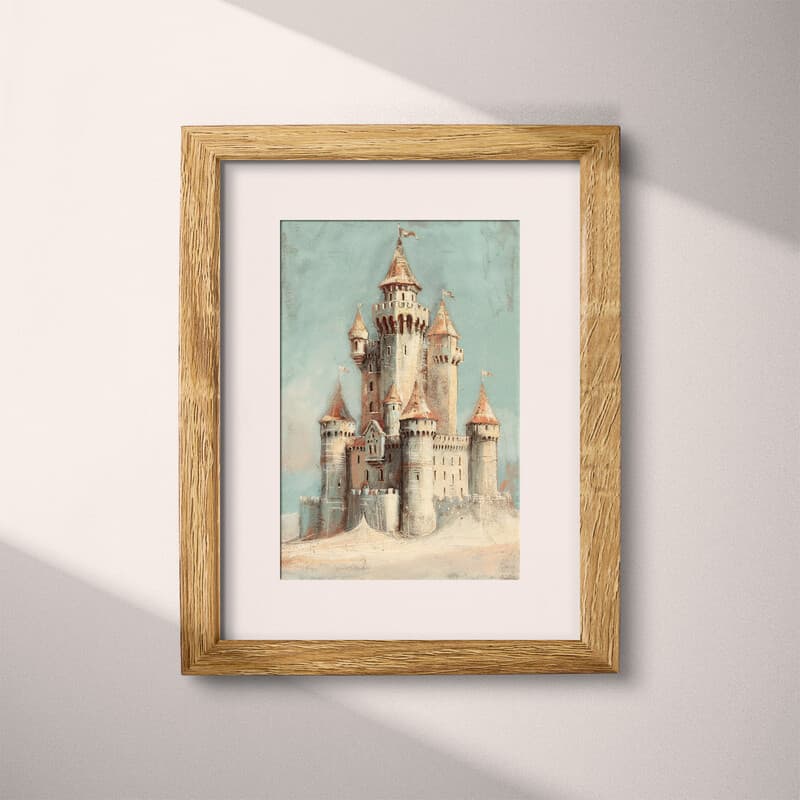 Matted frame view of A vintage pastel pencil illustration, a sandcastle